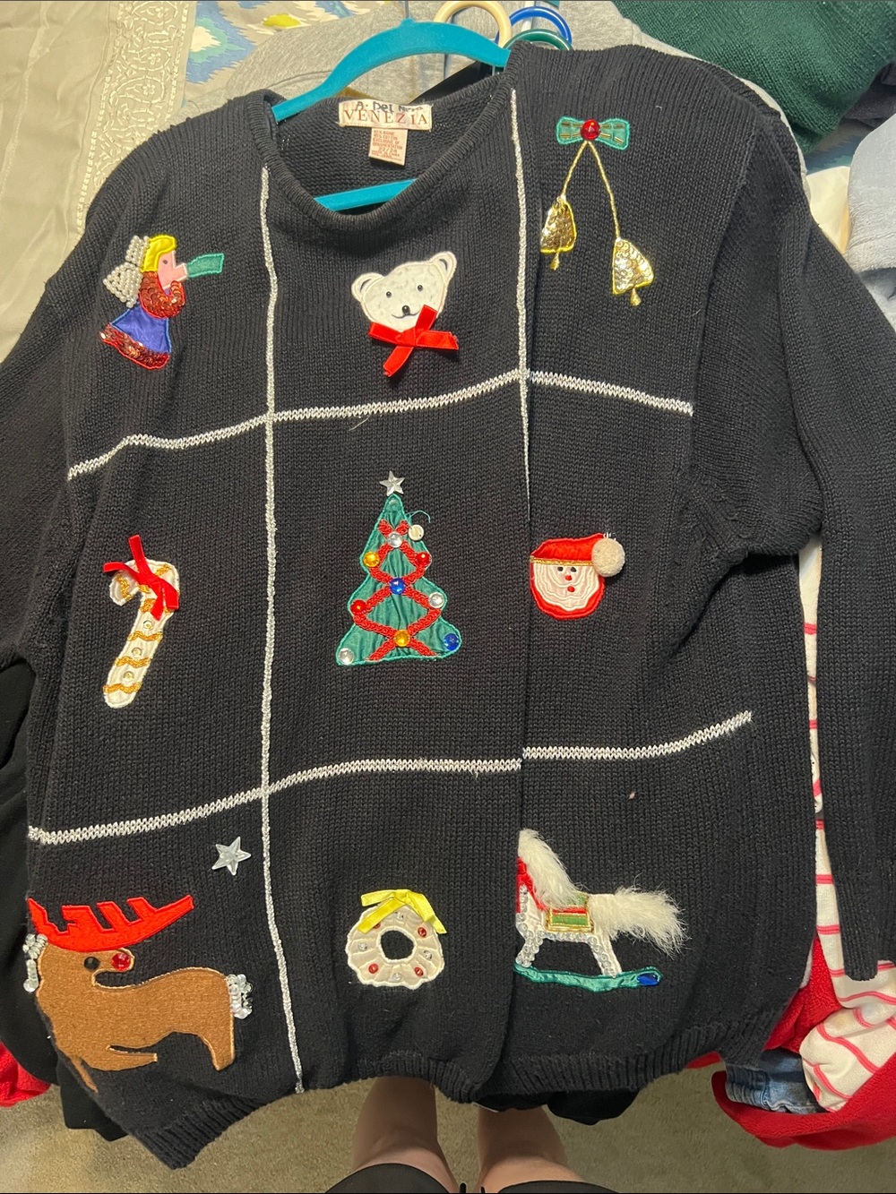 Venezia Vintage Black Knit Sweater with Colorful Holiday Appliques